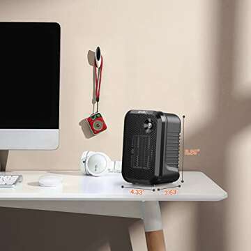 andily 500W Space Electric Small Heater for Home&Office Indoor Use on Desk, Portable|Manual Thermostat|Noiseless|Tip-Over Protection with Safety Power Switch PTC BLACK