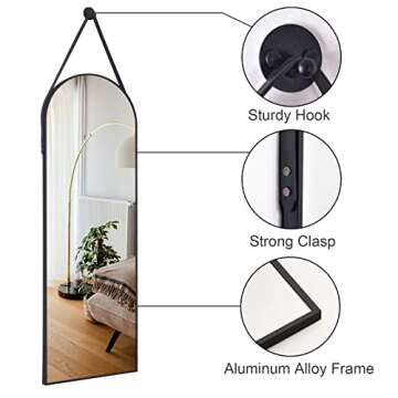 HARRITPURE 16"x48"Arched Mirror with Hanging Leather Strap Full Length Mirror Aluminum Frame Wall-Mounted Arch Mirror Hanging Mirrors for Bathroom Vanity Living Room Bedroom Entryway Decor
