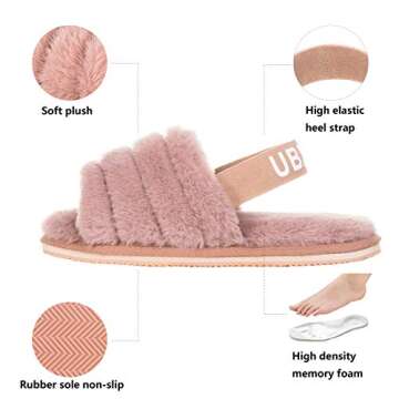 UBXRIN Womens Fuzzy Fluffy House Slippers Slide Furry Fur Sandals with Strap Soft Plush Open Toe Indoor Outdoor