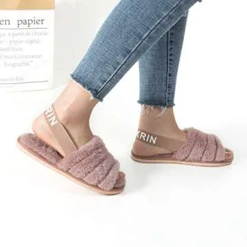 UBXRIN Womens Fuzzy Fluffy House Slippers Slide Furry Fur Sandals with Strap Soft Plush Open Toe Indoor Outdoor