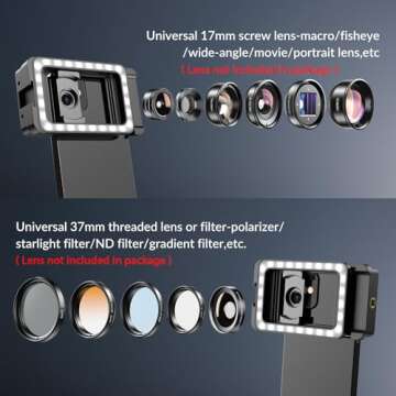 APEXEL 17mm+37mm Thread Adapter with LED Fill Light for Mobile Photography