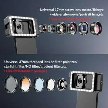 APEXEL 17mm+37mm Thread Adapter with LED Fill Light for Mobile Photography