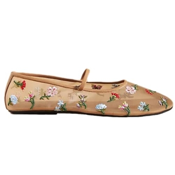 Stylish Nude Mesh Ballet Flats Women Floral Embroidered Shoes