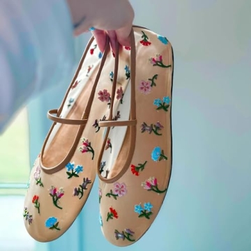 Stylish Nude Mesh Ballet Flats Women Floral Embroidered Shoes