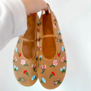 Stylish Nude Mesh Ballet Flats Women Floral Embroidered Shoes