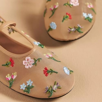 Stylish Nude Mesh Ballet Flats Women Floral Embroidered Shoes