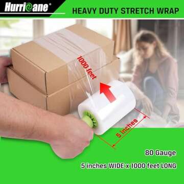 HURRICANE Stretch Wrap Film with Plastic Handle, 2 Pack Mini Clear Stretch Wrap Film Roll, 80-Gauge 5 Inch 1000 Ft, Clear Shrink Wrap Roll Stretch Plastic Wrap Roll, for Packing, Moving, Storage