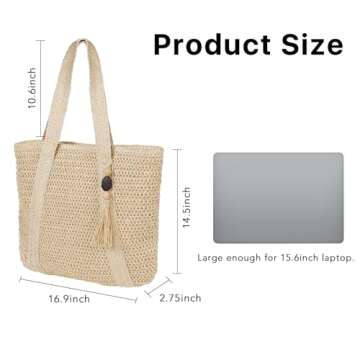 MABROUC Large Straw Beach Bag for women, Straw Tote Bag with Tassels, Woven Summer Handbag Shoulder Bag for Outdoor Vacation(beige)