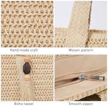 MABROUC Large Straw Beach Bag for women, Straw Tote Bag with Tassels, Woven Summer Handbag Shoulder Bag for Outdoor Vacation(beige)