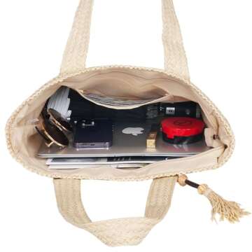 MABROUC Large Straw Beach Bag for women, Straw Tote Bag with Tassels, Woven Summer Handbag Shoulder Bag for Outdoor Vacation(beige)