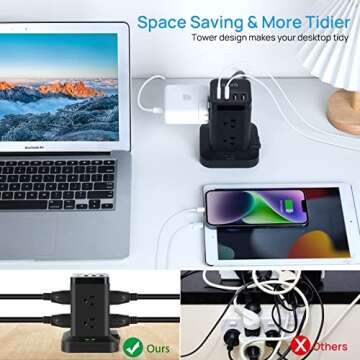 BEVA Power Strip Tower, Surge Protector with USB Ports, 6.5 FT Extension Cord, Charging Tower for Mu...