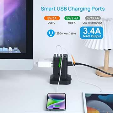 BEVA Power Strip Tower, Surge Protector with USB Ports, 6.5 FT Extension Cord, Charging Tower for Multiple Devices 8 AC and 4 USB(USB-C) for Office Supplies Dorm Room Essentials Office Organization