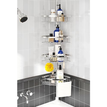 SEIRIONE Rustproof Shower Corner Caddy Organizer for Bathroom, 4 Adjustable Shelves with Tension Pol...