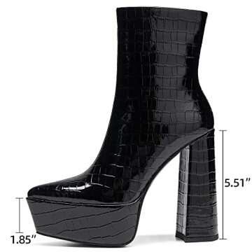 krelhia Women's Pointed Toe Chunky Heel Ankle Boots Handmade Patent Leather Platform Booties For Winter Black 7.5 IN