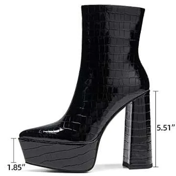 krelhia Women's Pointed Toe Chunky Heel Ankle Boots Handmade Patent Leather Platform Booties For Winter Black 7.5 IN