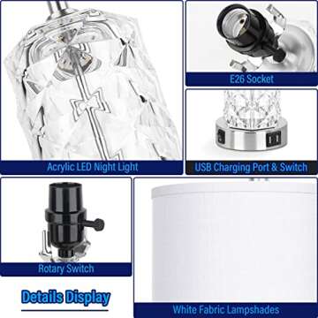 Table Lamps for Bedroom Set of 2, Nickel Beside Lamps with Dual USB Charging Ports, Silver Modern Nightstand Lamps with LED Night Light for Living Room Study End Tables, Bulbs Not Included