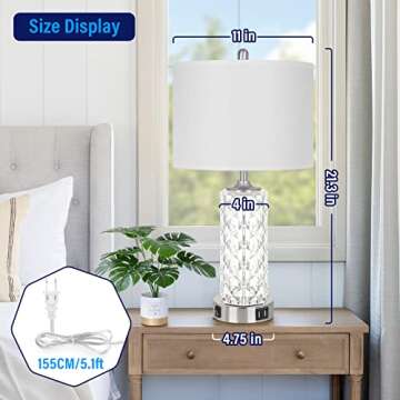 Table Lamps for Bedroom Set of 2, Nickel Beside Lamps with Dual USB Charging Ports, Silver Modern Nightstand Lamps with LED Night Light for Living Room Study End Tables, Bulbs Not Included