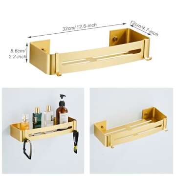 Brushed Gold Shower Shelf - Easy Adhesive or Drilling Installation