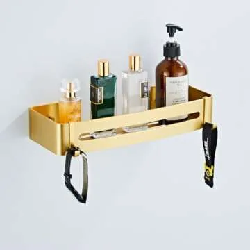 Brushed Gold Shower Shelf - Easy Adhesive or Drilling Installation
