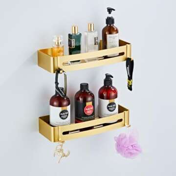 Brushed Gold Shower Shelf - Easy Adhesive or Drilling Installation