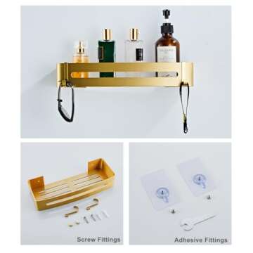 Brushed Gold Shower Shelf - Easy Adhesive or Drilling Installation