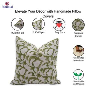 Fabritual Handmade Block Print 14X20 Thick Linen Throw Vintage Pillowcase Cushion Cover for Sofa Couch, Bed, Fall Decoration, Boho Home Décor, Garden, Outdoor, Farmhouse, Living Room, Sulit, Green