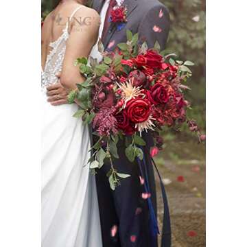 Ling's Moment 17 Inch Burgundy & Navy Blue Artificial Bridal Bouquet, for Wedding Ceremony and Anniversary