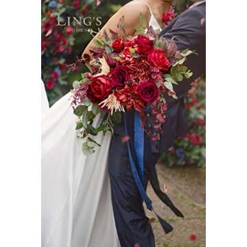 Ling's Moment 17 Inch Burgundy & Navy Blue Artificial Bridal Bouquet, for Wedding Ceremony and Anniversary