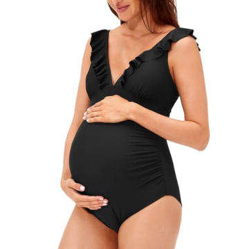 Summer Mae Maternity Swimsuit V-Neck One Piece Ruffled Lace Up Monokini Black M