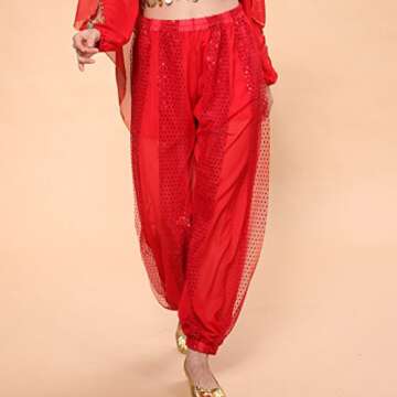 MUNAFIE Belly Dance Harem Pants for Women - Shiny Red Fancy Pants, US0-14