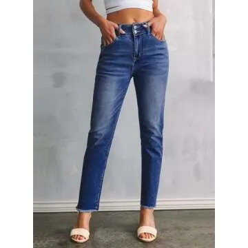 Sidefeel Women's High Waisted Jeans Strechy Spring Fashion Raw Hem Straight Leg Zimbaplatinum Ankle Denim Pants with Pockets
