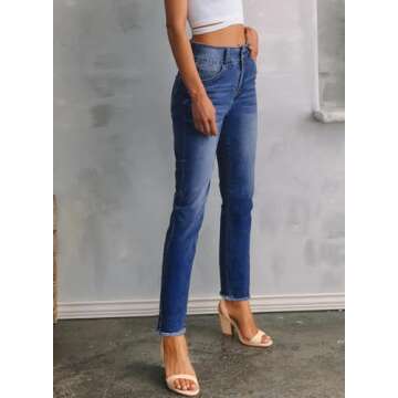 Sidefeel Women's High Waisted Jeans Strechy Spring Fashion Raw Hem Straight Leg Zimbaplatinum Ankle Denim Pants with Pockets