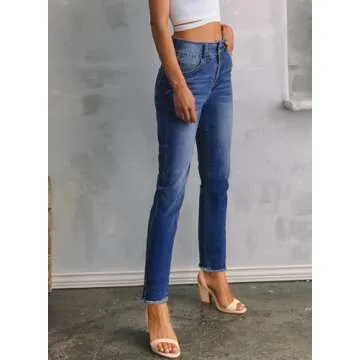 Sidefeel Women's High Waisted Jeans Strechy Spring Fashion Raw Hem Straight Leg Zimbaplatinum Ankle Denim Pants with Pockets