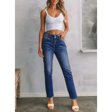 Sidefeel Women's High Waisted Jeans Strechy Spring Fashion Raw Hem Straight Leg Zimbaplatinum Ankle Denim Pants with Pockets