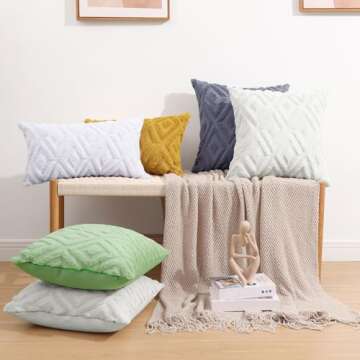 Pallene Spring Soft Faux Fur Throw Pillow Covers 18x18 Set of 2 - Plush Wool Decorative Couch Pillow Covers for Sofa Bed Living Room - with 3D Diamond Pattern - Cream White