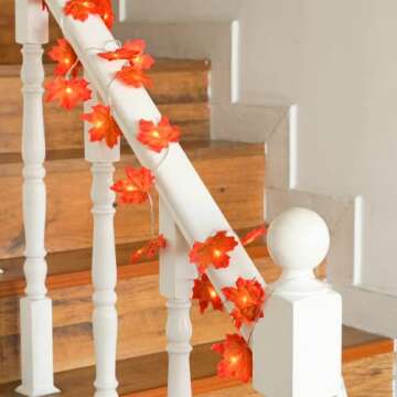 JamBer Fall Maple Leaf Garland 20 LED Maple Leaves Fairy Lights 7.4 Feet Fall Garland Lights Waterproof Maple Leaf String Lights 3AA Battery Powered Lighted Garland for Thanksgiving Halloween Decor