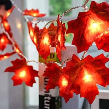 JamBer Fall Maple Leaf Garland 20 LED Maple Leaves Fairy Lights 7.4 Feet Fall Garland Lights Waterproof Maple Leaf String Lights 3AA Battery Powered Lighted Garland for Thanksgiving Halloween Decor