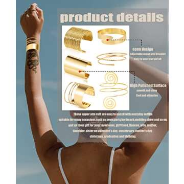BOMAIL 6 Pieces Arm Cuff Upper Arm Band Cuff Bracelet Minimalist Simple Swirl Open Wide Wire Bracele...