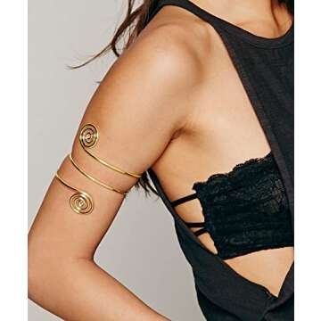 BOMAIL 6 Pieces Arm Cuff Upper Arm Band Cuff Bracelet Minimalist Simple Swirl Open Wide Wire Bracelets for Women Adjustable Arm Bangle Bracelets Set