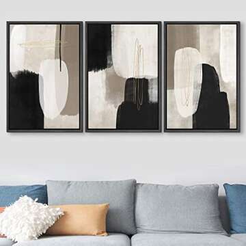 SIGNFORD Framed Canvas Print Wall Art Set Black & Gray Pastel Paint Stroke Collage Abstract Shapes D...