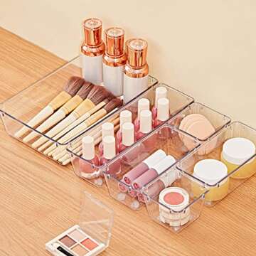 SMARTAKE 28 Piece Drawer Organizers with Non-Slip Silicone Pads, 4-Size Desk Drawer Organizer Trays Storage Tray for Makeup, Jewelries, Utensils in Bedroom Dresser, Office and Kitchen, Clear