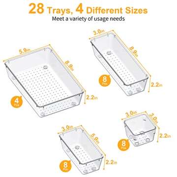 SMARTAKE 28 Piece Drawer Organizers with Non-Slip Silicone Pads, 4-Size Desk Drawer Organizer Trays Storage Tray for Makeup, Jewelries, Utensils in Bedroom Dresser, Office and Kitchen, Clear
