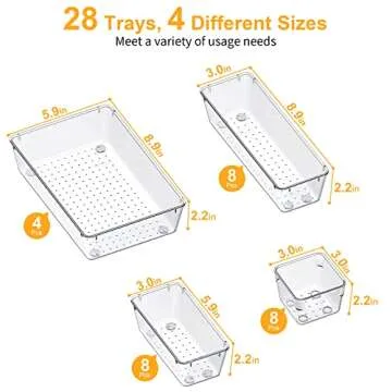 SMARTAKE 28 Piece Drawer Organizers with Non-Slip Silicone Pads, 4-Size Desk Drawer Organizer Trays Storage Tray for Makeup, Jewelries, Utensils in Bedroom Dresser, Office and Kitchen, Clear