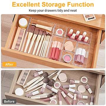 SMARTAKE 28 Piece Drawer Organizers with Non-Slip Silicone Pads, 4-Size Desk Drawer Organizer Trays Storage Tray for Makeup, Jewelries, Utensils in Bedroom Dresser, Office and Kitchen, Clear