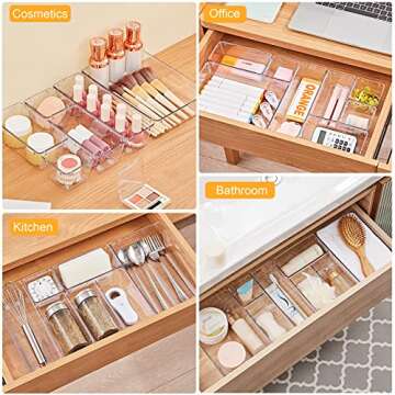 SMARTAKE 28 Piece Drawer Organizers with Non-Slip Silicone Pads, 4-Size Desk Drawer Organizer Trays Storage Tray for Makeup, Jewelries, Utensils in Bedroom Dresser, Office and Kitchen, Clear