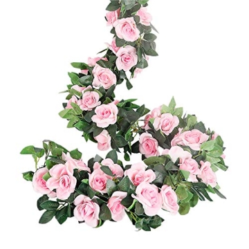 LESING Rose Garlands Artificial Rose Vines,4PCS(28.8FT) Fake Silk Flower Garlands with Greenery Plan...