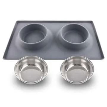 Dog Bowls with Mat, Cat Food Water Bowl Set (13.5oz Each) in No Spill Silicone Mat, Dual Pet Feeder Bowl for Puppy, Cats, Small Medium Dogs (Square, Grey)