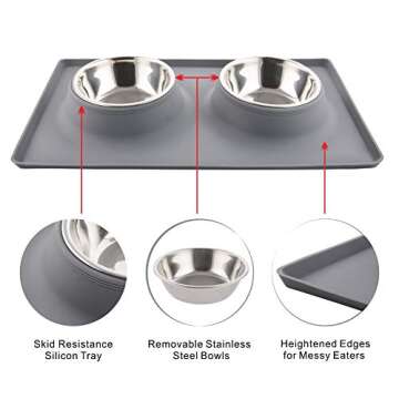Dog Bowls with Mat, Cat Food Water Bowl Set (13.5oz Each) in No Spill Silicone Mat, Dual Pet Feeder Bowl for Puppy, Cats, Small Medium Dogs (Square, Grey)