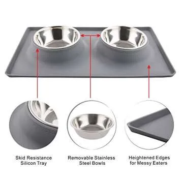 Dog Bowls with Mat, Cat Food Water Bowl Set (13.5oz Each) in No Spill Silicone Mat, Dual Pet Feeder Bowl for Puppy, Cats, Small Medium Dogs (Square, Grey)