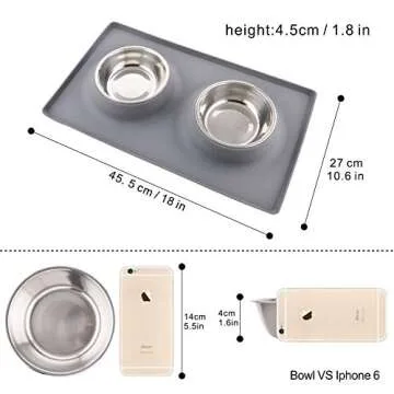 Dog Bowls with Mat, Cat Food Water Bowl Set (13.5oz Each) in No Spill Silicone Mat, Dual Pet Feeder Bowl for Puppy, Cats, Small Medium Dogs (Square, Grey)